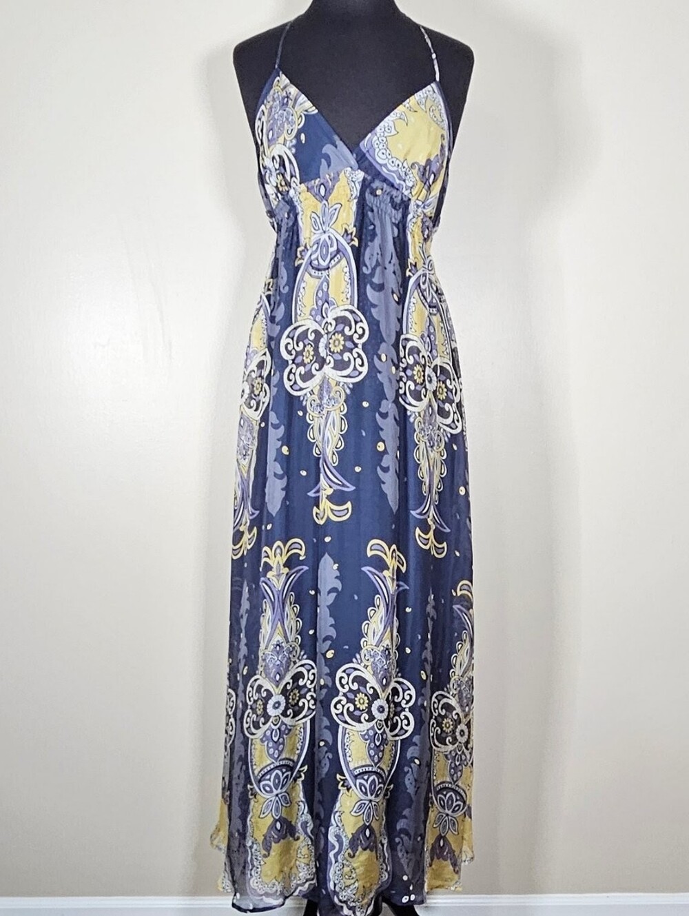 Ya Da Silk Boho Print Maxi Dress Halter Style Lined Elastic Back Babydoll M